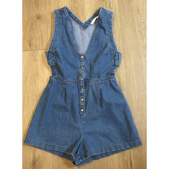 ASTR The Label Romper Women's Medium Blue Denim Button Front Sleeveless V Neck - Picture 1 of 6
